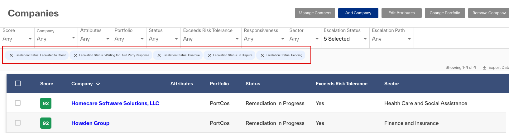 Companies window filtered for escalated findings